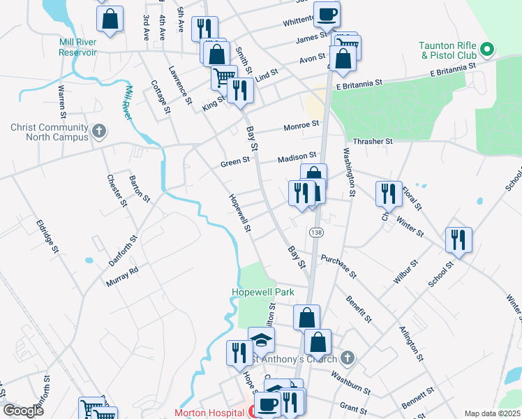 map of restaurants, bars, coffee shops, grocery stores, and more near 4 North Avenue in Taunton