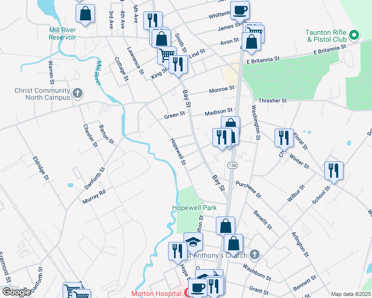 map of restaurants, bars, coffee shops, grocery stores, and more near 4 North Avenue in Taunton