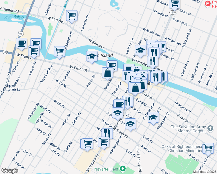 map of restaurants, bars, coffee shops, grocery stores, and more near 222 Smith Street in Monroe