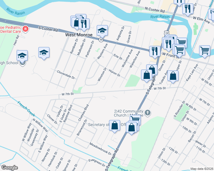 map of restaurants, bars, coffee shops, grocery stores, and more near 1008 Wolverine Avenue in Monroe