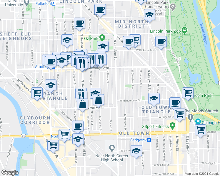 map of restaurants, bars, coffee shops, grocery stores, and more near 1872 North Howe Street in Chicago