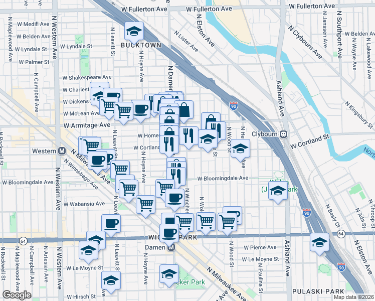 map of restaurants, bars, coffee shops, grocery stores, and more near 1936 West Cortland Street in Chicago