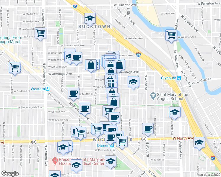 map of restaurants, bars, coffee shops, grocery stores, and more near 1876 North Damen Avenue in Chicago