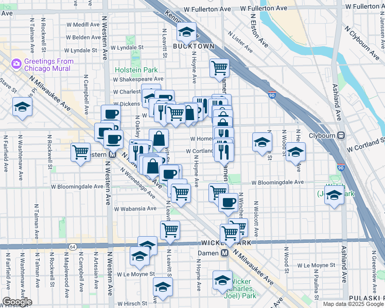 map of restaurants, bars, coffee shops, grocery stores, and more near 2121 West Cortland Street in Chicago