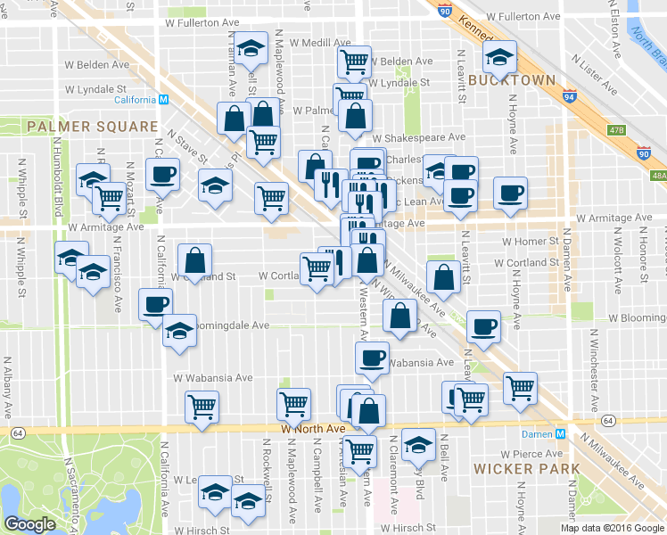 map of restaurants, bars, coffee shops, grocery stores, and more near 2428 West Cortland Street in Chicago