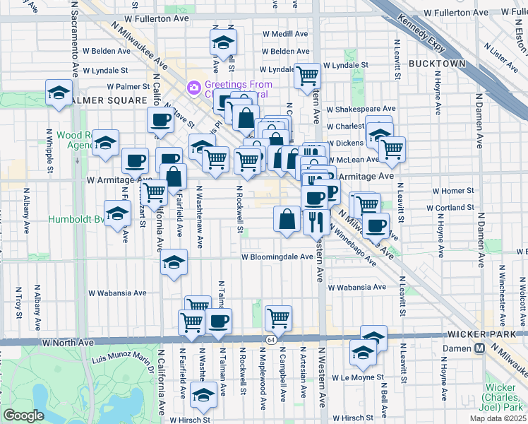 map of restaurants, bars, coffee shops, grocery stores, and more near 2542 West Cortland Street in Chicago