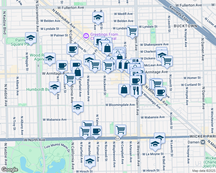 map of restaurants, bars, coffee shops, grocery stores, and more near 2542 West Cortland Street in Chicago