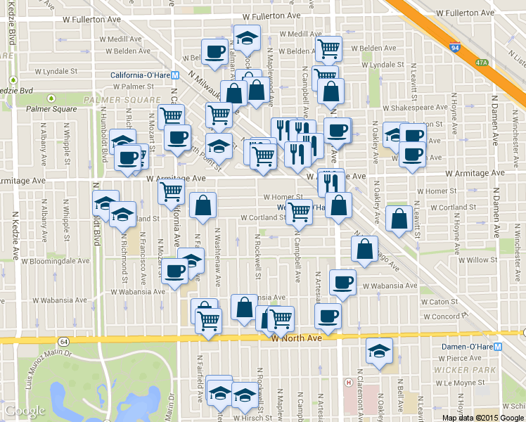 map of restaurants, bars, coffee shops, grocery stores, and more near 2542 West Cortland Street in Chicago