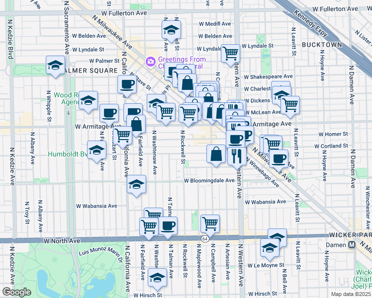 map of restaurants, bars, coffee shops, grocery stores, and more near 2542 West Cortland Street in Chicago