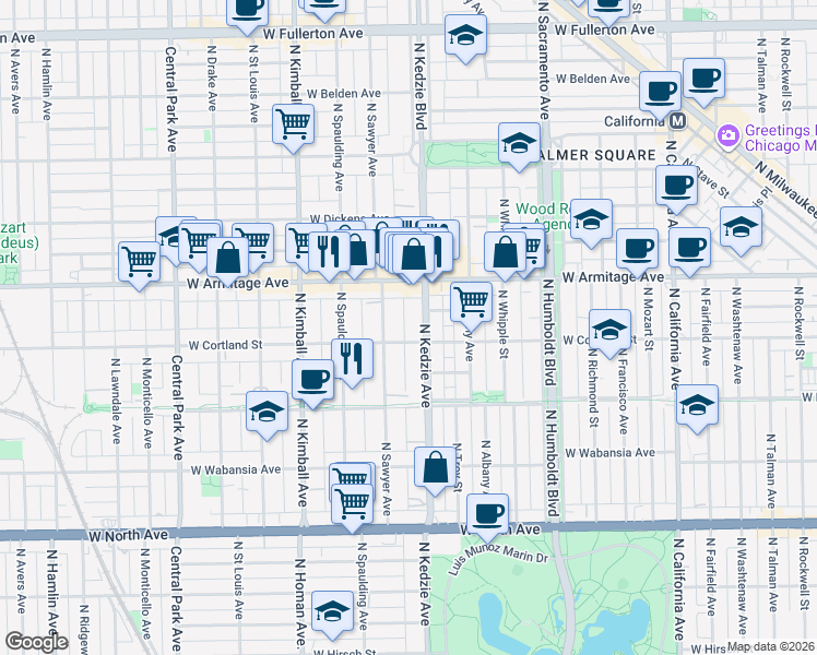 map of restaurants, bars, coffee shops, grocery stores, and more near 1910 North Kedzie Avenue in Chicago