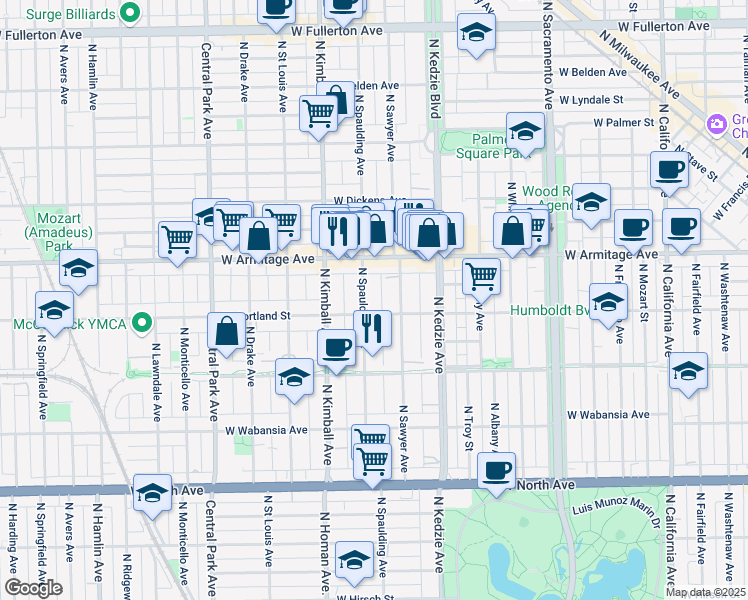 map of restaurants, bars, coffee shops, grocery stores, and more near 1914 North Sawyer Avenue in Chicago