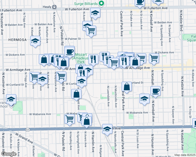 map of restaurants, bars, coffee shops, grocery stores, and more near 1919 North Hamlin Avenue in Chicago