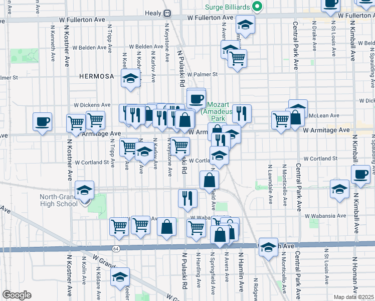 map of restaurants, bars, coffee shops, grocery stores, and more near 1921 North Pulaski Road in Chicago