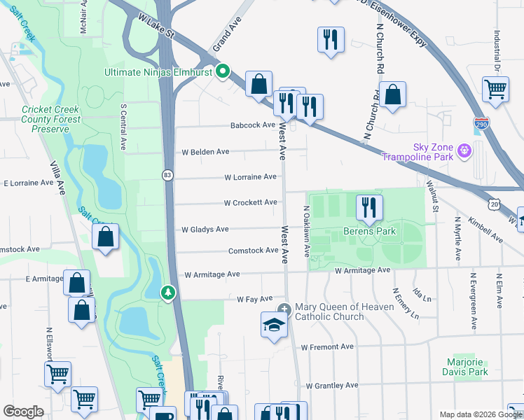 map of restaurants, bars, coffee shops, grocery stores, and more near 538 West Crockett Avenue in Elmhurst