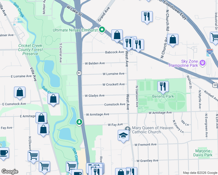 map of restaurants, bars, coffee shops, grocery stores, and more near 570 West Crockett Avenue in Elmhurst