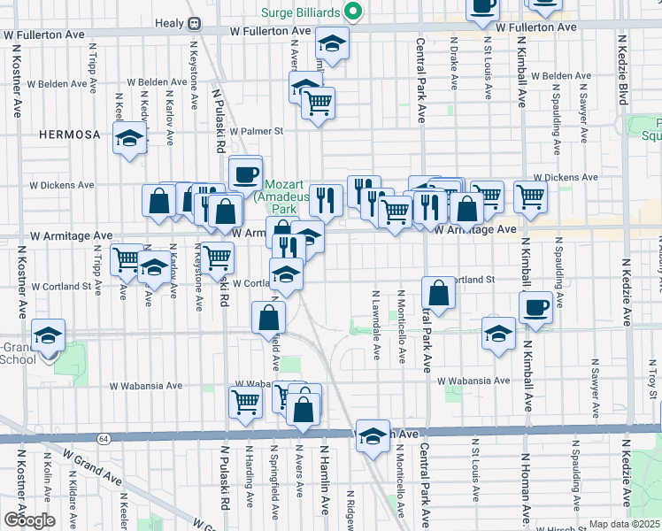 map of restaurants, bars, coffee shops, grocery stores, and more near 1919 North Hamlin Avenue in Chicago