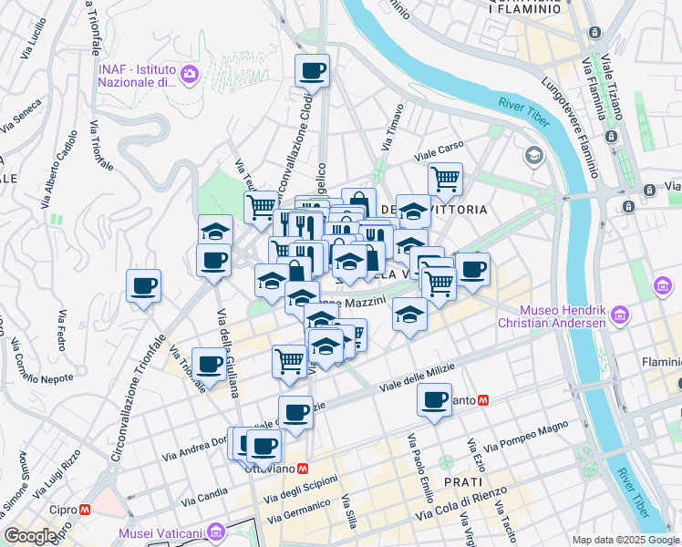 map of restaurants, bars, coffee shops, grocery stores, and more near 19 Via Monte Santo in Roma