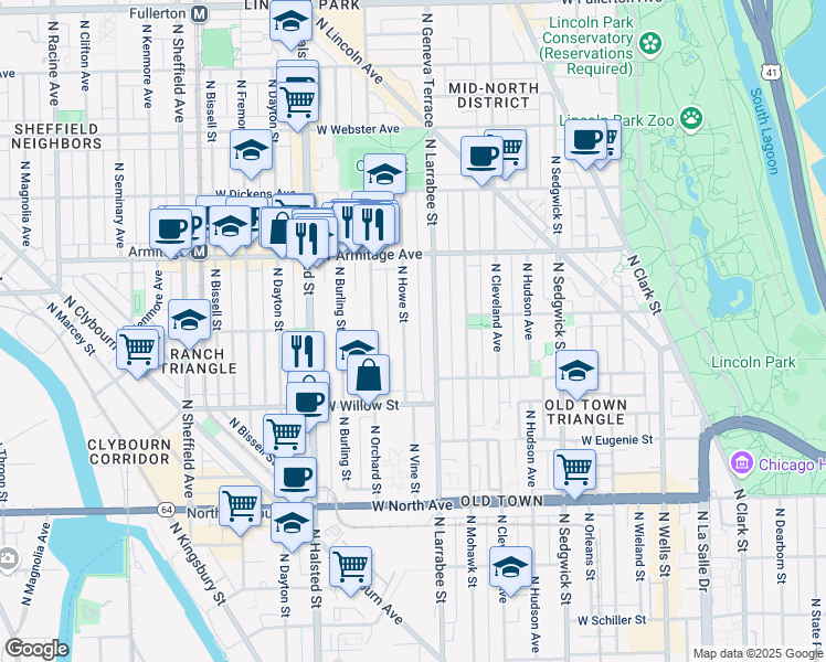 map of restaurants, bars, coffee shops, grocery stores, and more near 1872 North Howe Street in Chicago