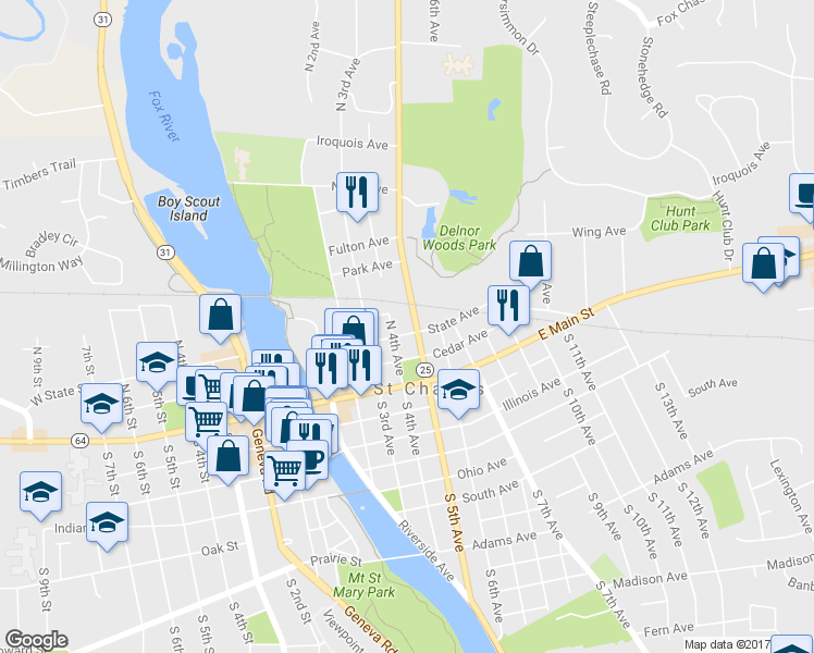 map of restaurants, bars, coffee shops, grocery stores, and more near 410 State Avenue in St. Charles