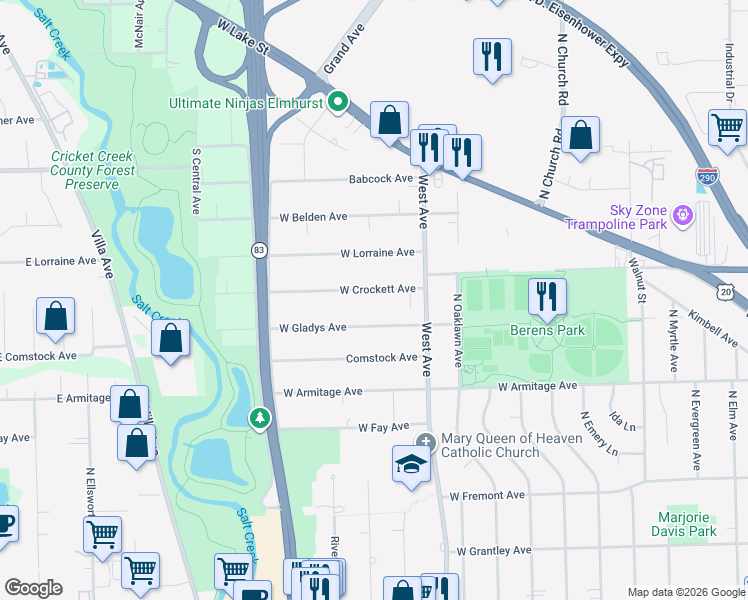 map of restaurants, bars, coffee shops, grocery stores, and more near 570 West Crockett Avenue in Elmhurst