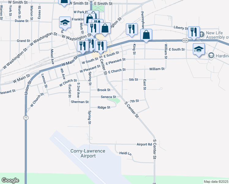map of restaurants, bars, coffee shops, grocery stores, and more near 437 S Center St in Corry