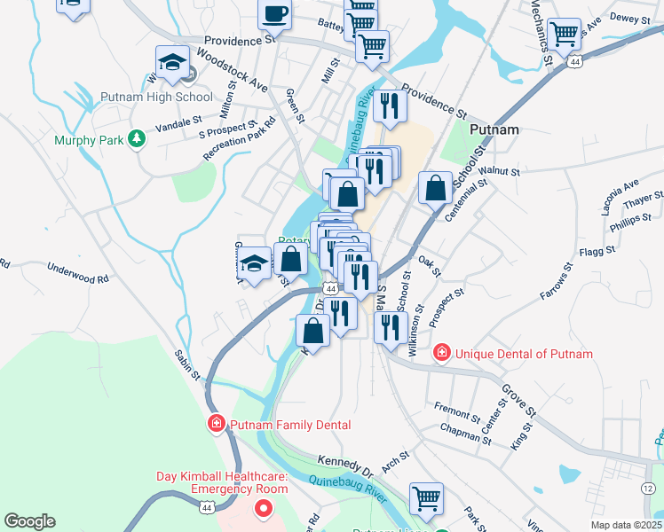 map of restaurants, bars, coffee shops, grocery stores, and more near 187 Kennedy Drive in Putnam