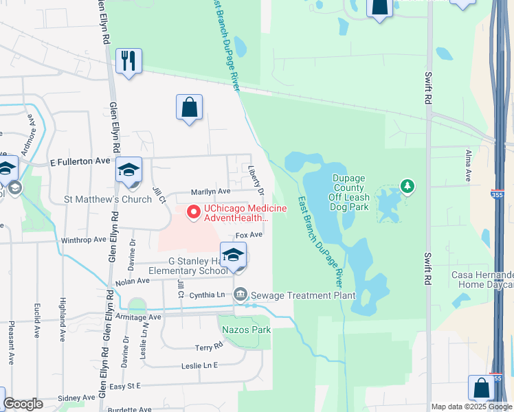 map of restaurants, bars, coffee shops, grocery stores, and more near 1530 Liberty Drive in Glendale Heights