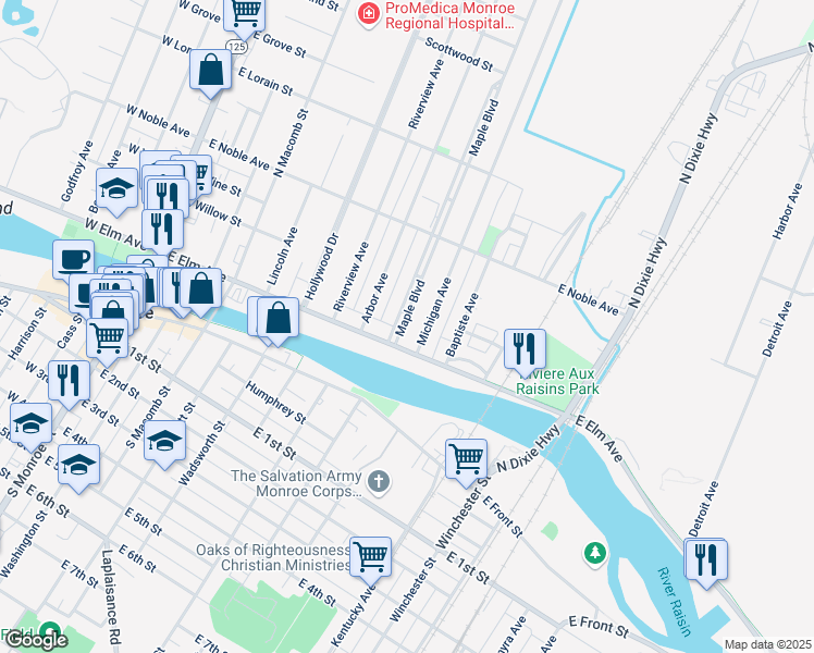 map of restaurants, bars, coffee shops, grocery stores, and more near 120 Maple Boulevard in Monroe