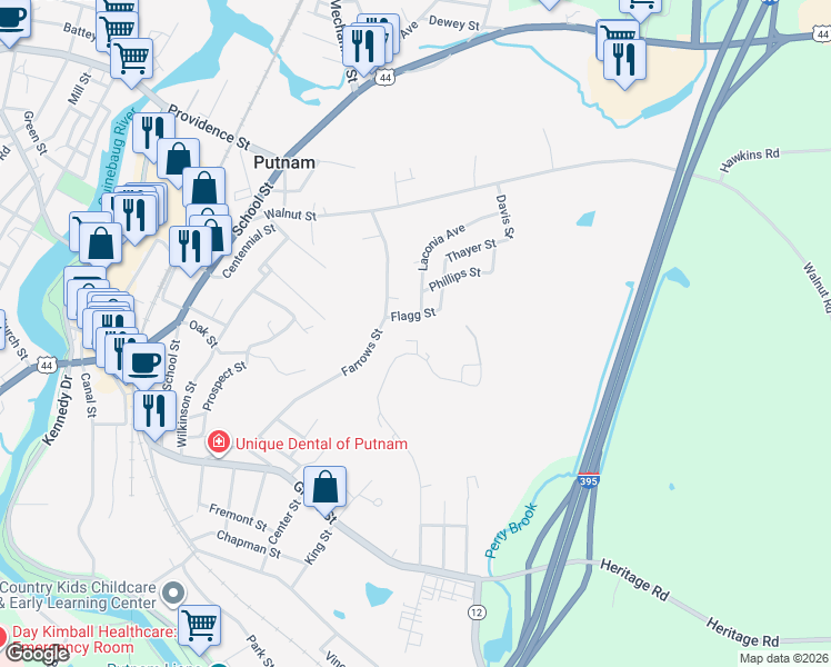 map of restaurants, bars, coffee shops, grocery stores, and more near 193 Perry Street in Putnam