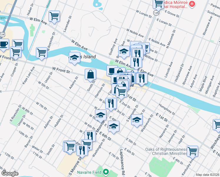map of restaurants, bars, coffee shops, grocery stores, and more near 110 Cass Street in Monroe