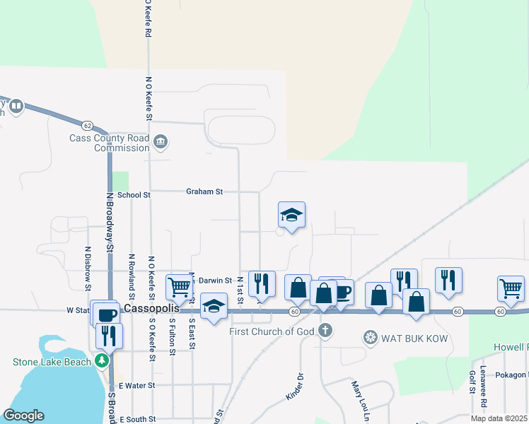 map of restaurants, bars, coffee shops, grocery stores, and more near 310 2nd Street in Cassopolis