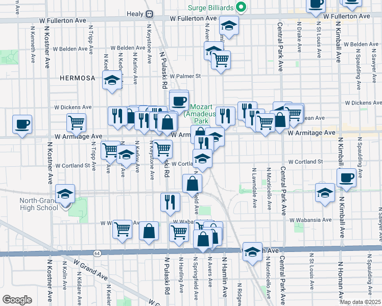 map of restaurants, bars, coffee shops, grocery stores, and more near 1920 North Springfield Avenue in Chicago