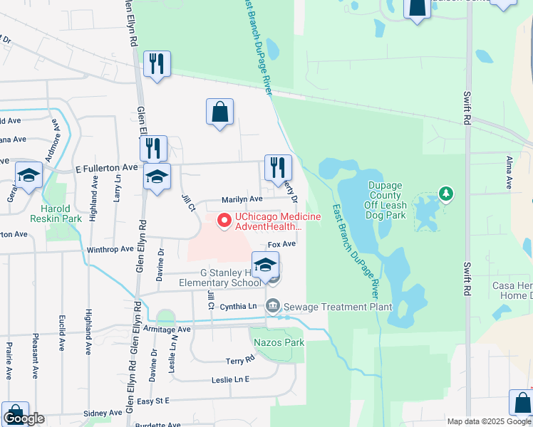 map of restaurants, bars, coffee shops, grocery stores, and more near 747 Asbury Drive in Glendale Heights