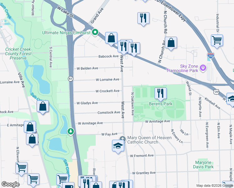 map of restaurants, bars, coffee shops, grocery stores, and more near 538 West Crockett Avenue in Elmhurst