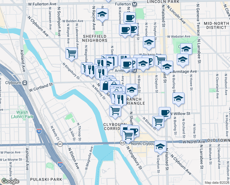 map of restaurants, bars, coffee shops, grocery stores, and more near 1904 North Maud Avenue in Chicago