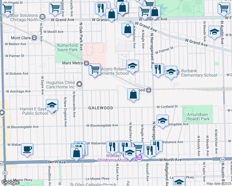 map of restaurants, bars, coffee shops, grocery stores, and more near 1950 North Nashville Avenue in Chicago