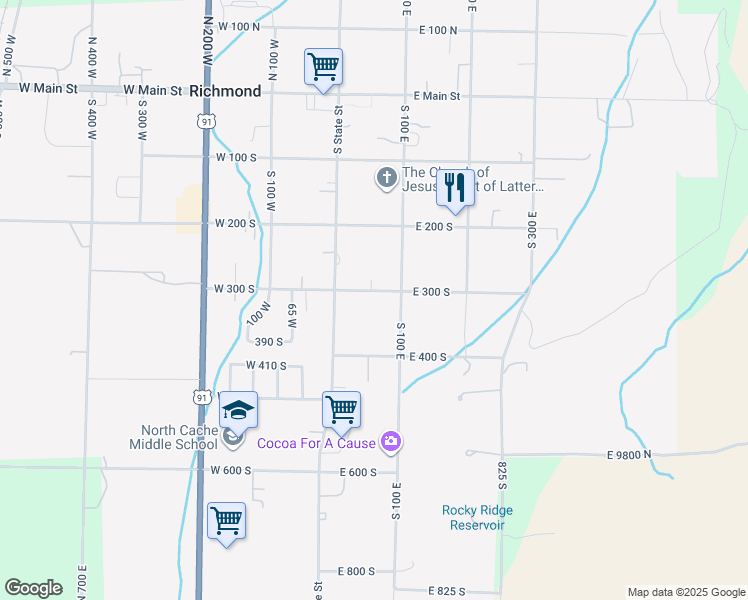 map of restaurants, bars, coffee shops, grocery stores, and more near 66 East 300 South in Richmond