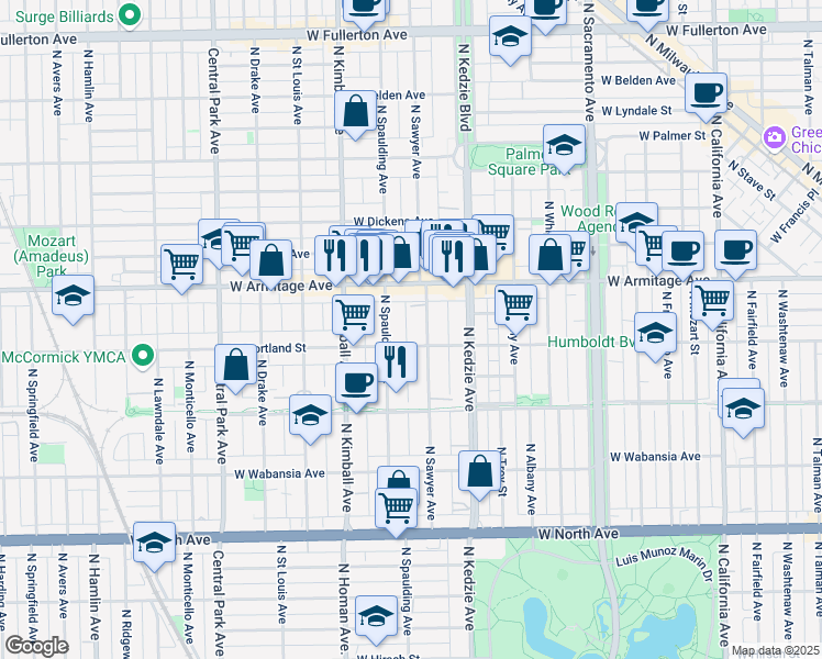 map of restaurants, bars, coffee shops, grocery stores, and more near 1914 North Sawyer Avenue in Chicago