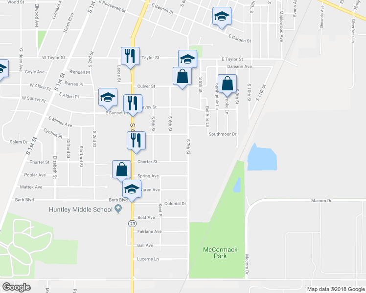map of restaurants, bars, coffee shops, grocery stores, and more near 1125 South 7th Street in DeKalb