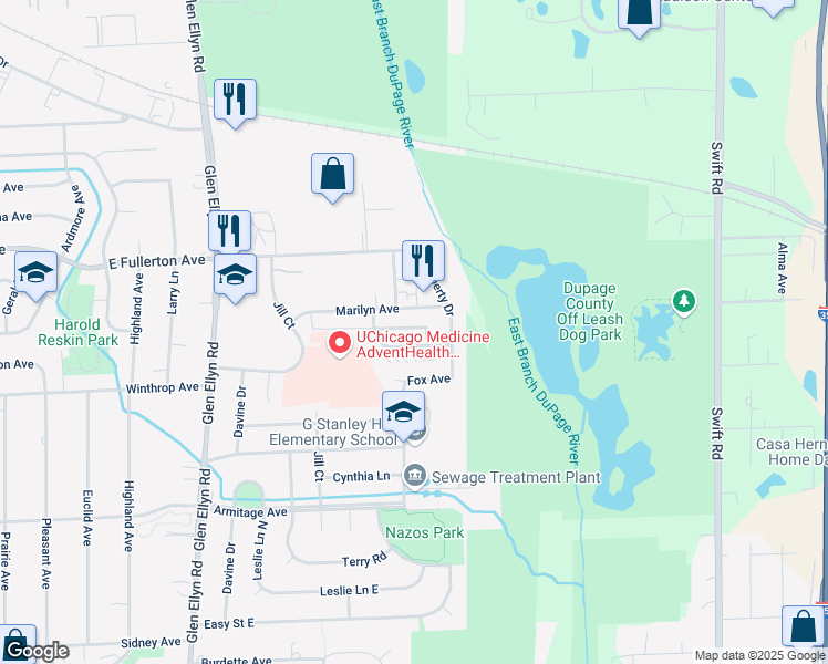 map of restaurants, bars, coffee shops, grocery stores, and more near 747 Asbury Drive in Glendale Heights