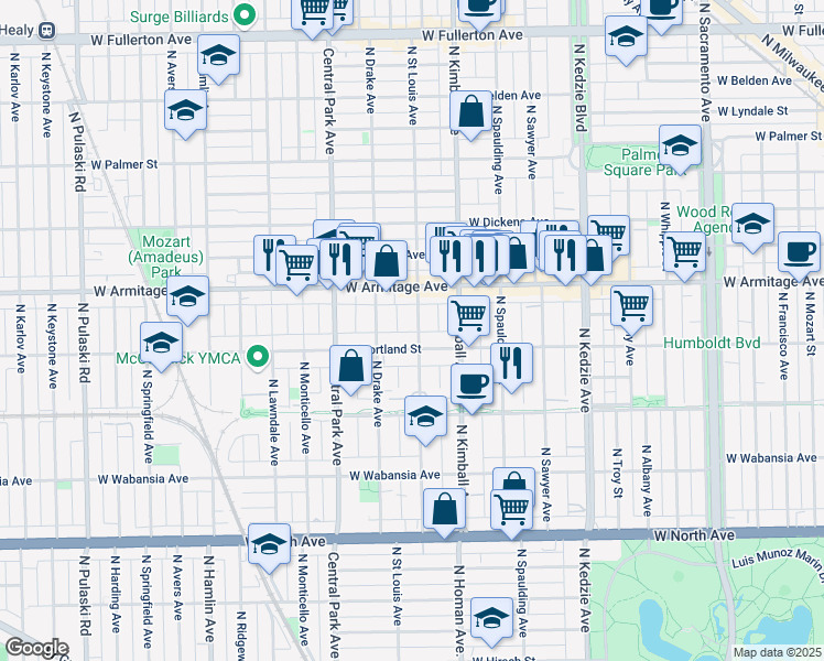 map of restaurants, bars, coffee shops, grocery stores, and more near 1916 North Saint Louis Avenue in Chicago