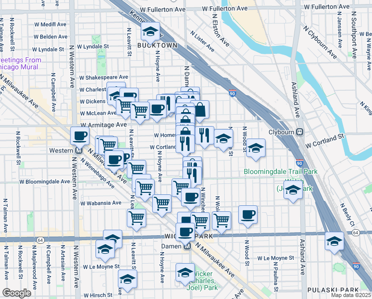 map of restaurants, bars, coffee shops, grocery stores, and more near 1876 North Damen Avenue in Chicago