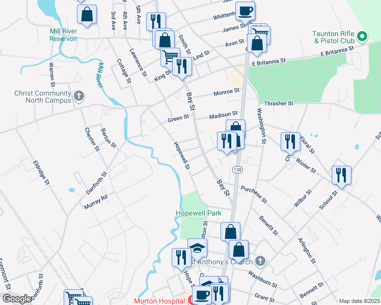 map of restaurants, bars, coffee shops, grocery stores, and more near 4 North Avenue in Taunton