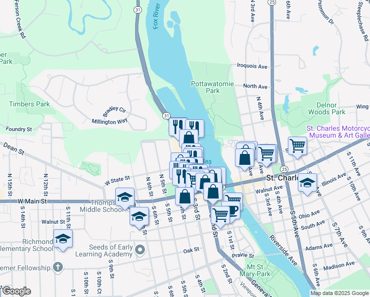 map of restaurants, bars, coffee shops, grocery stores, and more near 305 North 2nd Street in St. Charles