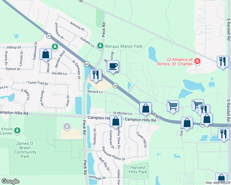 map of restaurants, bars, coffee shops, grocery stores, and more near 3186 Renard Lane in St. Charles