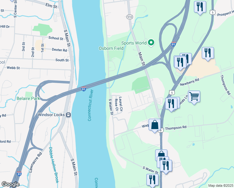 map of restaurants, bars, coffee shops, grocery stores, and more near 43 Laurel Circle in East Windsor