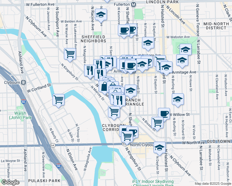 map of restaurants, bars, coffee shops, grocery stores, and more near 1900 N Kenmore Ave in Chicago