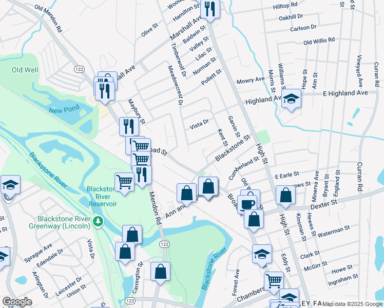 map of restaurants, bars, coffee shops, grocery stores, and more near 6 Meadowcrest Drive in Cumberland