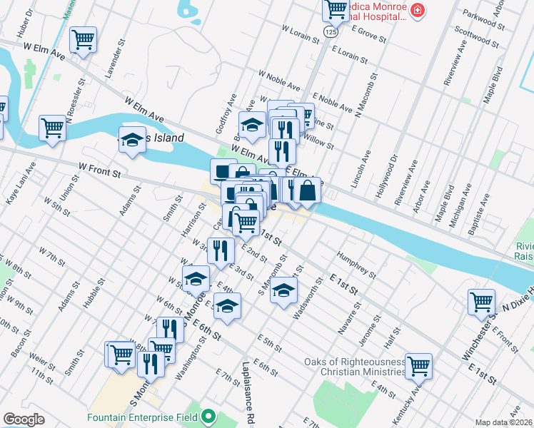 map of restaurants, bars, coffee shops, grocery stores, and more near in Monroe