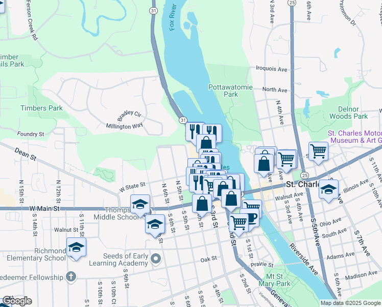map of restaurants, bars, coffee shops, grocery stores, and more near 310 North 4th Street in St. Charles